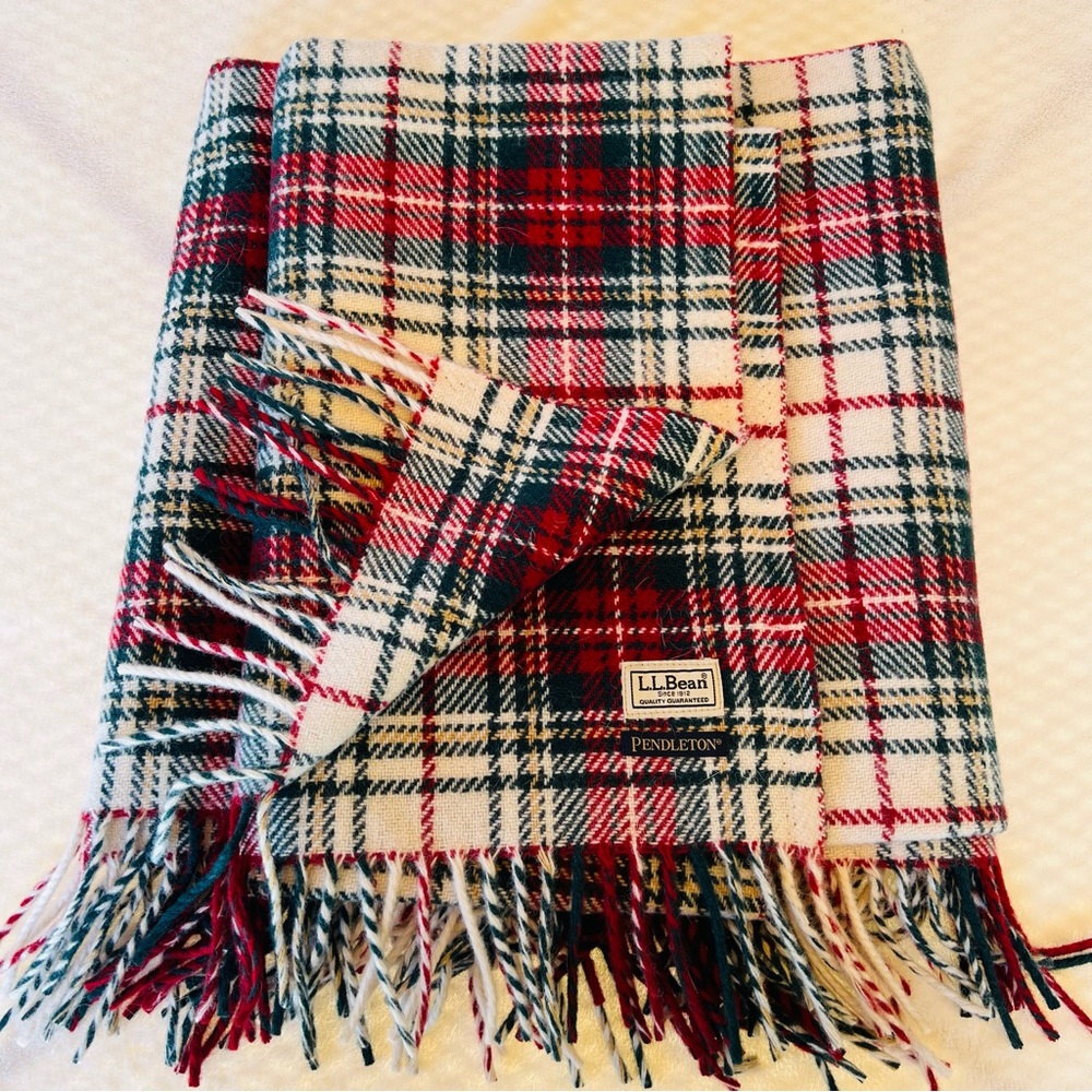 Pendleton LLBean Wool Plaid Fringe Throw Stadium Blanket Red Cream Green Tan